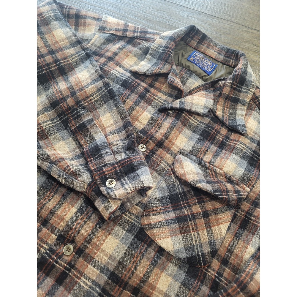 Vintage 60s Pendleton Wool Brown Flannel Plaid Loop Collar Flap‎ Pockets L Holes